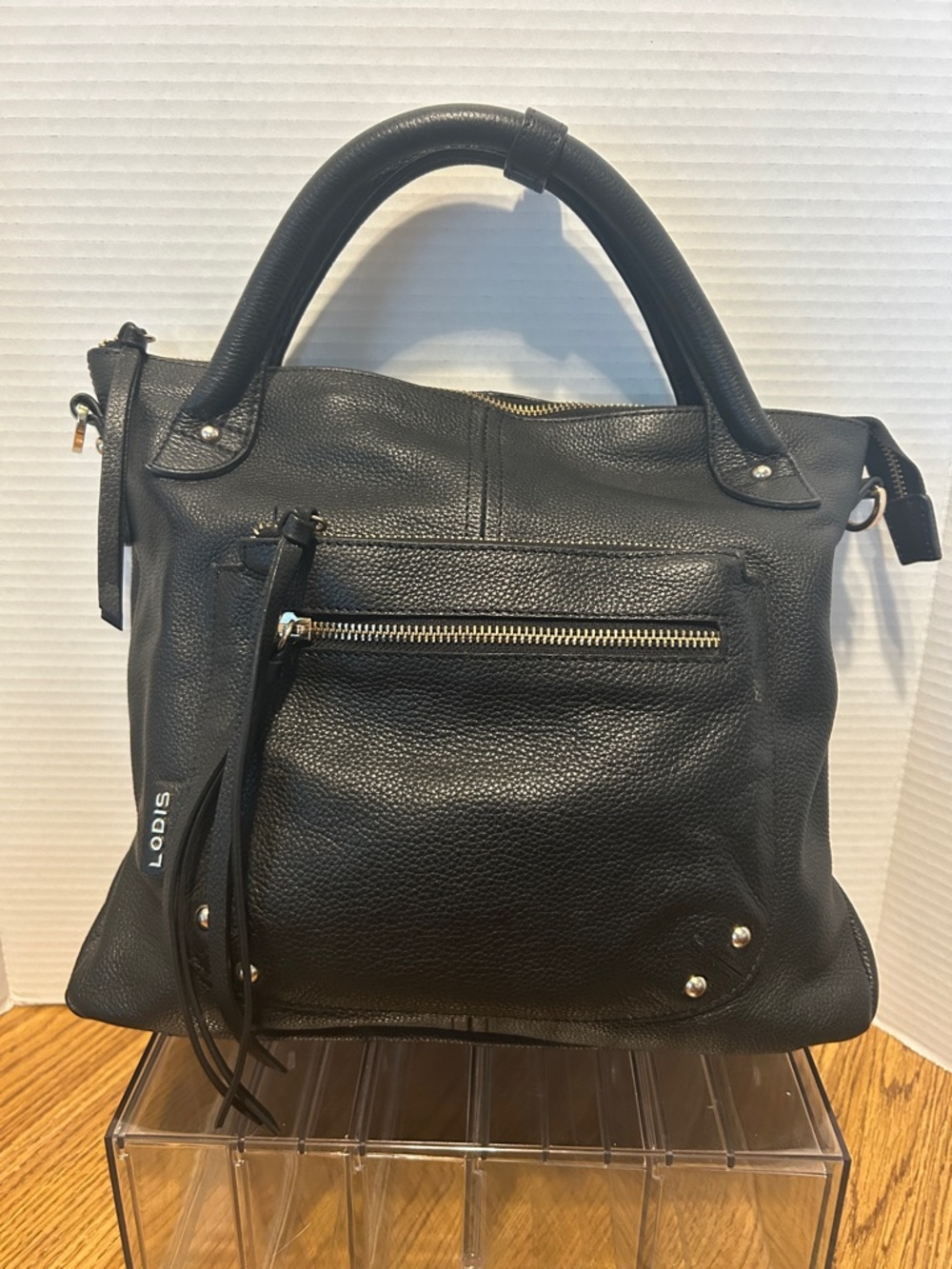 Lodis Black Pebbled Leather Top-Handle Shoulder Bag